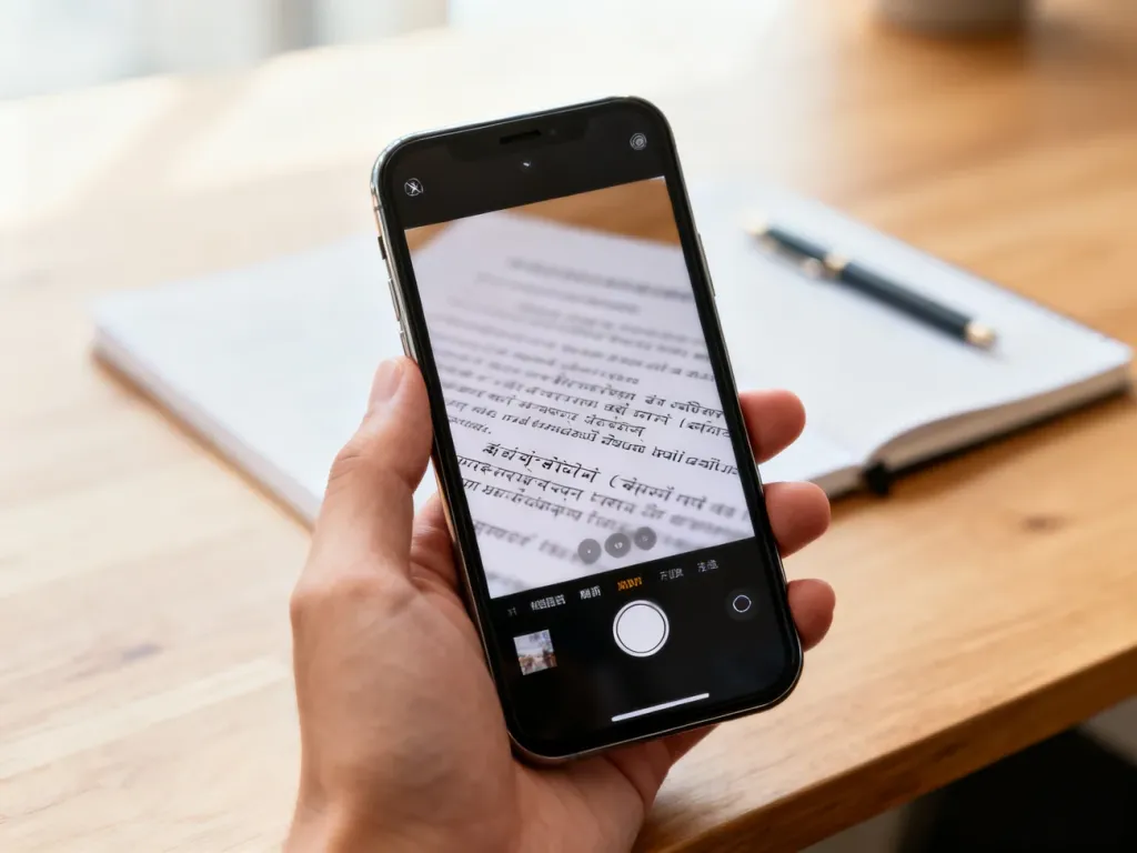 Smartfon z włączoną funkcją tłumaczenia tekstu przez aparat, skierowany na dokument leżący na drewnianym biurku.