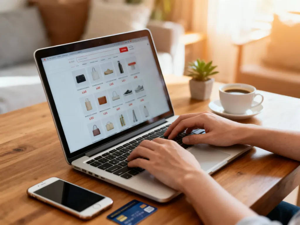 Osoba zamawia online na laptopie, obok leżą telefon i karta płatnicza, domowe otoczenie sugeruje wygodne zakupy z Polski.