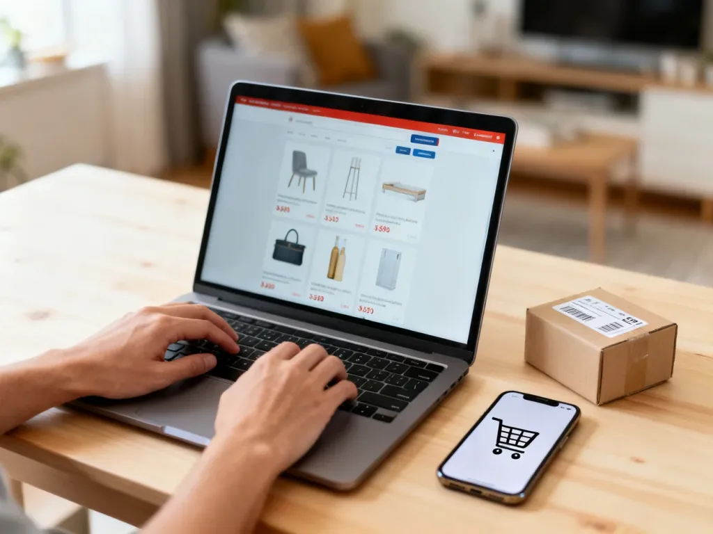 Osoba korzysta z laptopa i smartfona, przeglądając oferty w serwisie aukcyjnym, obok leży mała paczka do wysyłki.