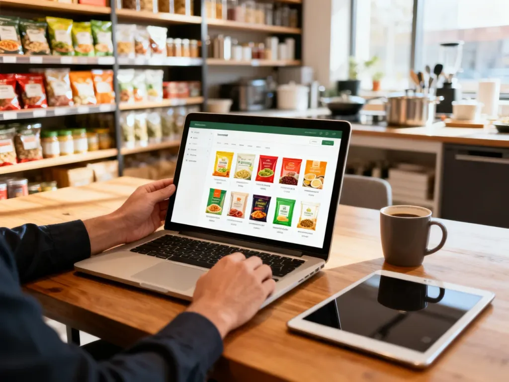 Osoba przegląda na laptopie prosty katalog produktów spożywczych Gordon w nowoczesnym, jasnym wnętrzu biurowym.