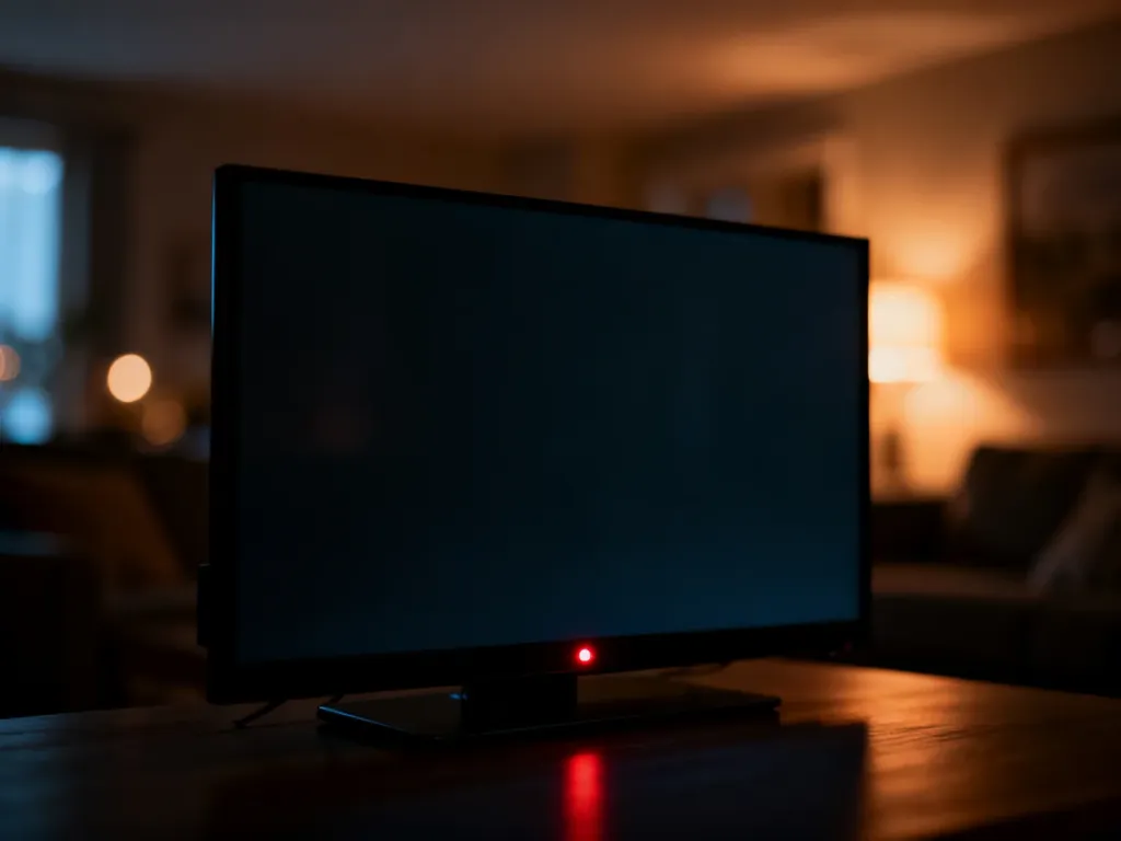 Świecąca czerwona dioda trybu czuwania na dolnej ramce wyłączonego telewizora w przyciemnionym salonie.