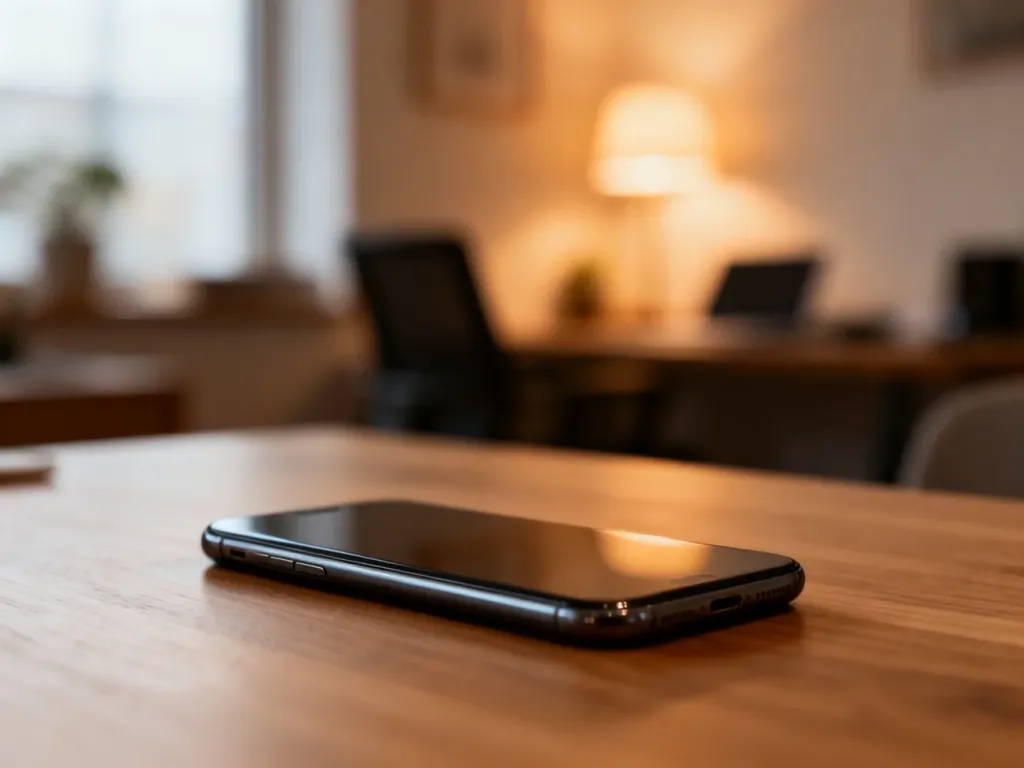 Nowoczesny smartfon leżący na drewnianym biurku w przytulnym domowym biurze, gotowy do prowadzenia rozmów.
