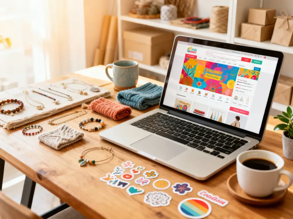 Przytulne biurko z laptopem z kolorową stroną marketplace i rękodziełem obok, symbolizujące sprzedaż na Etsy w Polsce