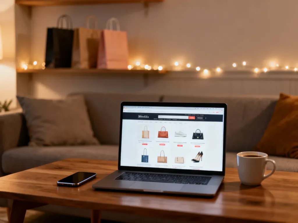 Przytulny salon z laptopem i telefonem gotowymi do zakupów online, ciepłe światło tworzy nastrój oczekiwania na Black Week