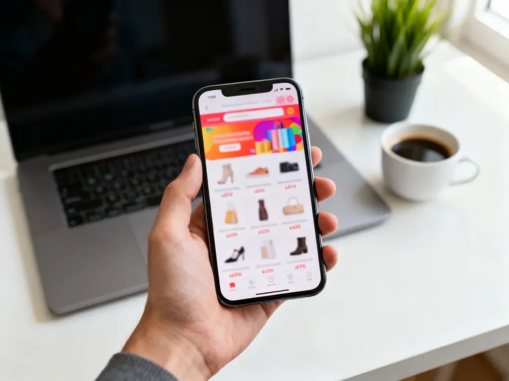 Smartfon z otwartą aplikacją zakupową Joom w przytulnym domowym biurze, obok laptopa, kawy i rośliny.