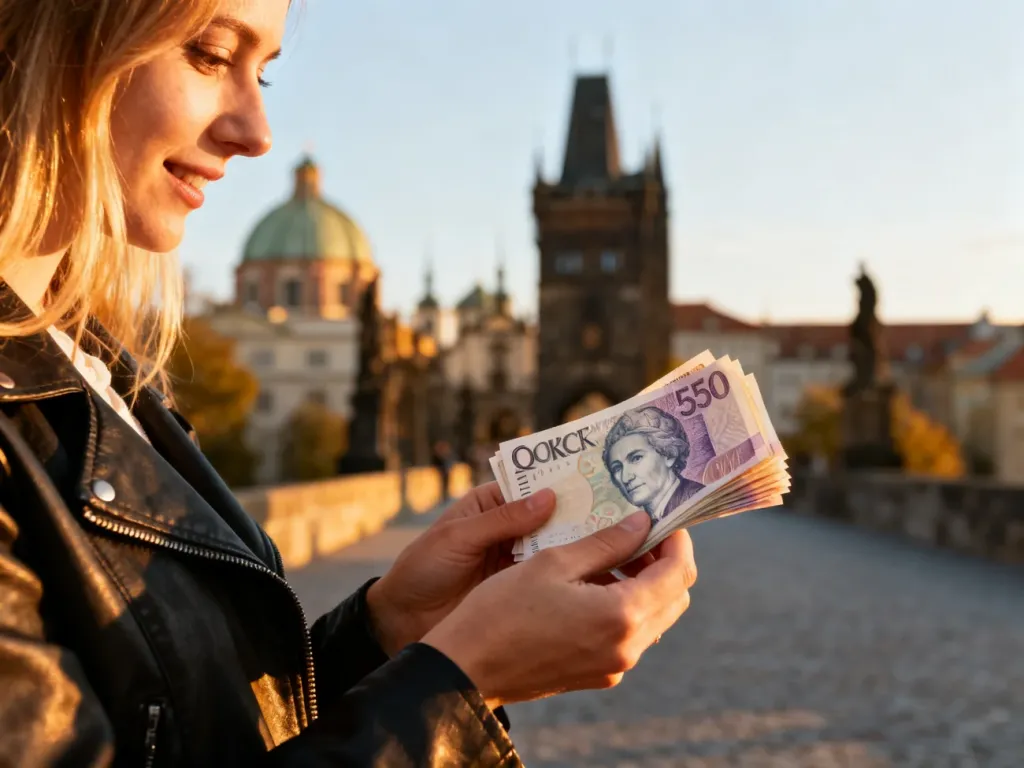 Kobieta trzymająca w dłoniach czeskie korony na tle zabytkowej architektury Pragi w świetle zachodzącego słońca.