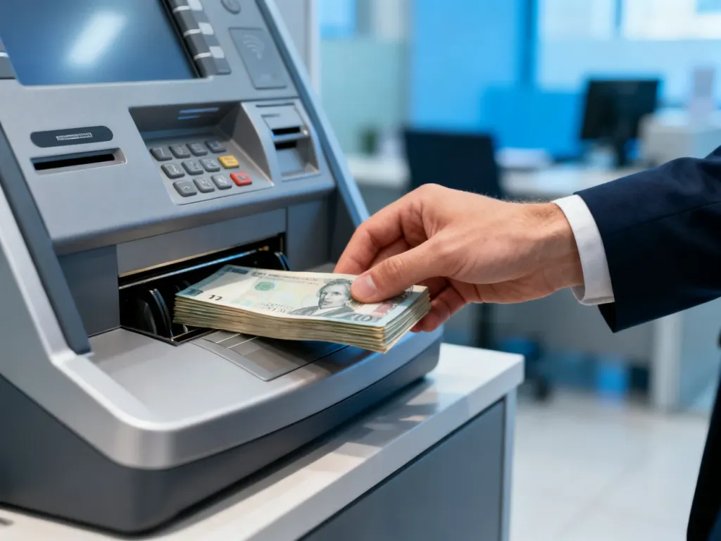 Dłoń wkładająca plik banknotów do nowoczesnego wpłatomatu w profesjonalnym wnętrzu banku.