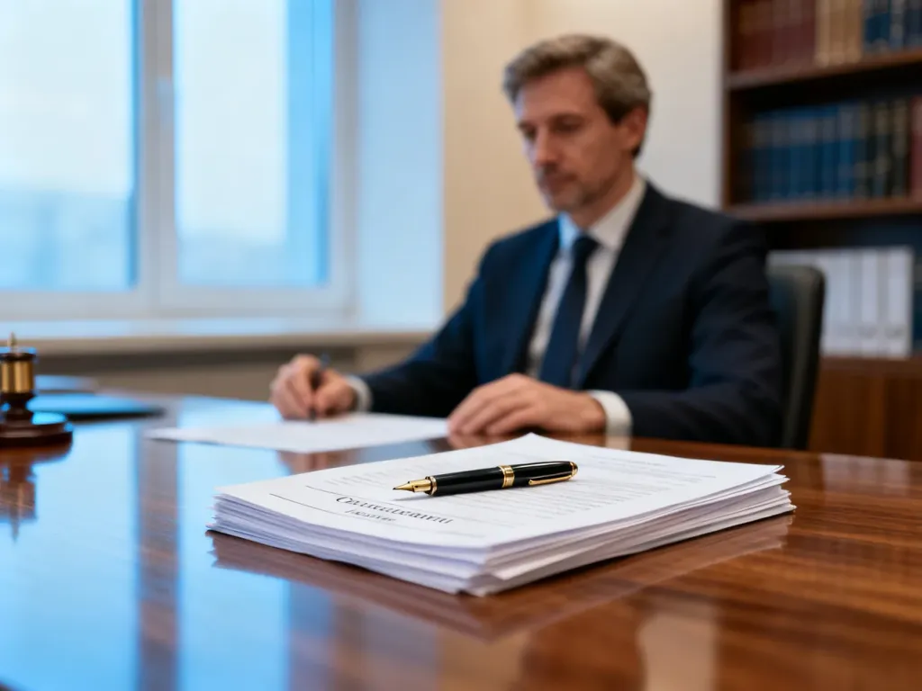 Notariusz przy biurku z dokumentami prawnymi w nowoczesnym biurze, gotowy do podpisania aktu odrzucenia spadku.