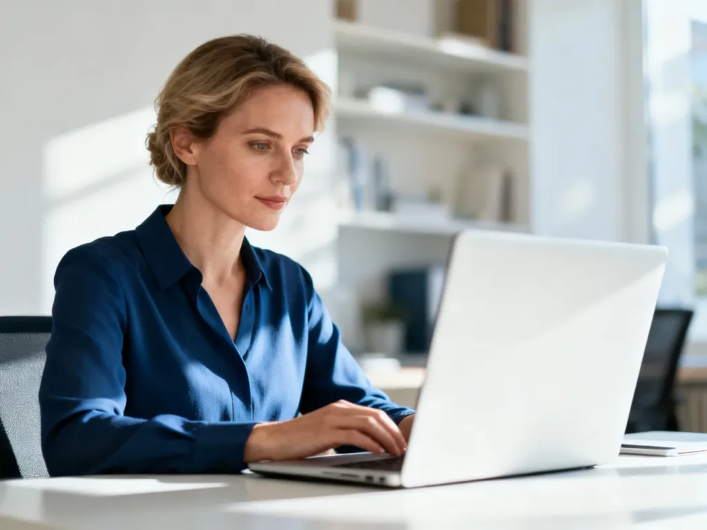 Kobieta pracująca przy laptopie w nowoczesnym domowym biurze, wypełniająca wniosek o emeryturę przez internet.