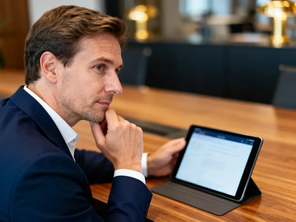 Mężczyzna w biurowym otoczeniu zamyślony nad ekranem tabletu, analizujący dane finansowe.